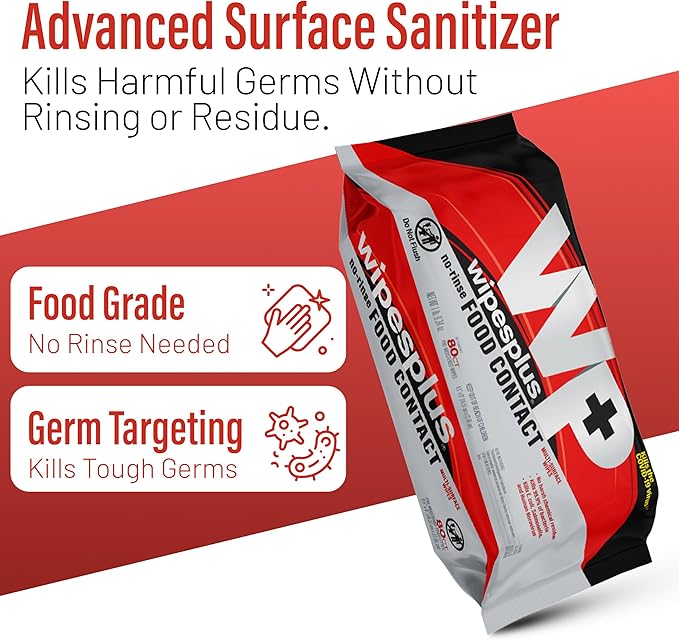 WIPESPLUS No-Rinse Food Contact Wipes, Multi-Surface Wipe, Unscented for Home and Business, 960 Count, (12 Packs of 80)