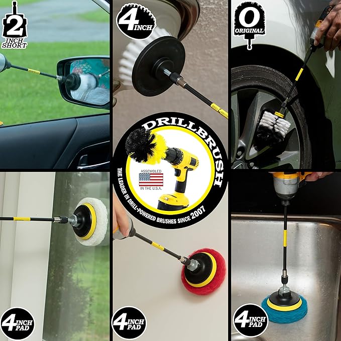 Auto Brushes - Drillbrush - Rotary Drill Brush Cordless Scrubber - Detail Brush Set - Chrome Wheel Cleaner - Leather Cleaner - Bathroom Cleaning Tools - Drill Brush Pads - Bathtub - Shower Cleaner