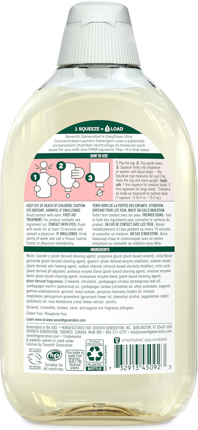 Seventh Generation EasyDose Laundry Detergent, Ultra Concentrated: 66 Loads, Rose Scent, 23.1 Fl Oz