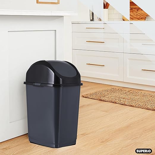 Superio Kitchen Trash Can with Swing Top Lid 9 Gallon Slim Waste Bin 37 Qt Sturdy Plastic Garbage Can Medium Recycling Bin for Office, Bathroom, Under Counter, Dorm, Bedroom (Dark Grey)