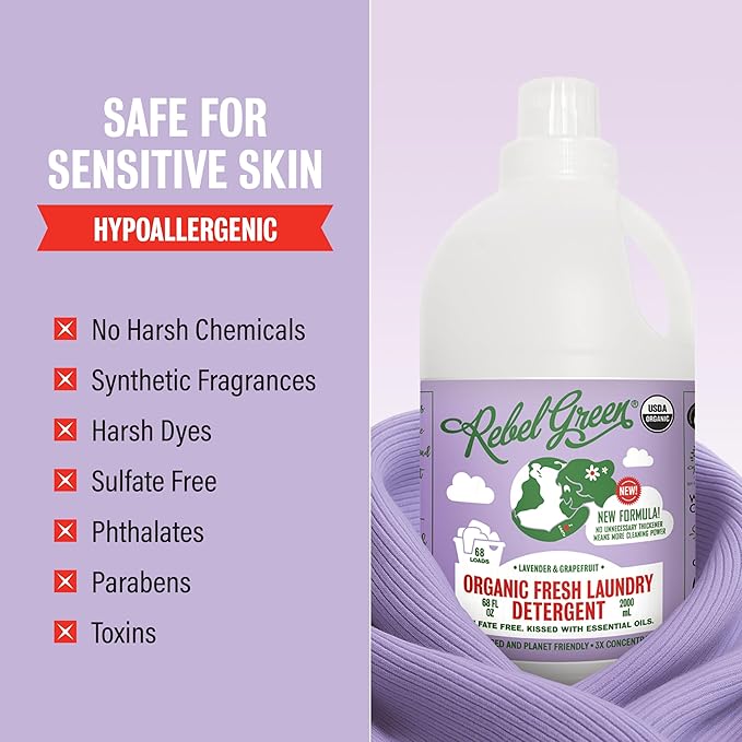 Rebel Green USDA Organic HE Liquid Fresh Laundry Detergent - Natural & Hypoallergenic Laundry Soap, Lavender and Grapefruit - 64 Loads