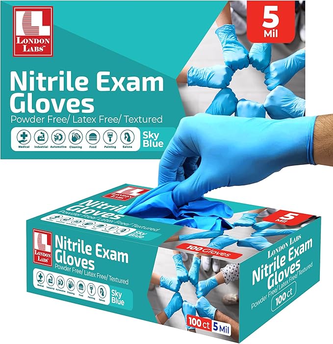 Sky Blue 5 Mil Nitrile Exam Gloves Disposable Latex Free | Medical Rubber Gloves for Doctors, EMT, First Aid Kit, Food Service & Cleaning | Pack of (200 CT)