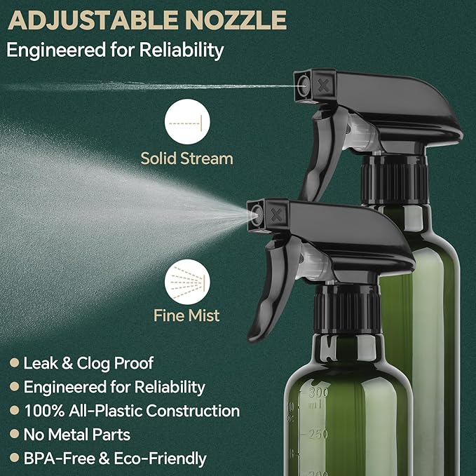 Plastic Spray Bottles (2 Pack 10 oz), Leakproof Adjustable Fine Mist & Jet Stream Nozzle, Premium BPA-Free Plastic Multi-Purpose for Hair, Plants, Cleaning (2 PACK AMBER)