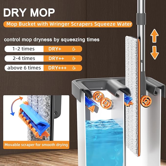 MUEE Mop and Bucket with Wringer Set for Home, Flat Mop and Bucket Set for Floor Cleaning and Window Wall Cleaner, Wet and Dry Mop with Long Handle and 3 Microfiber Pads