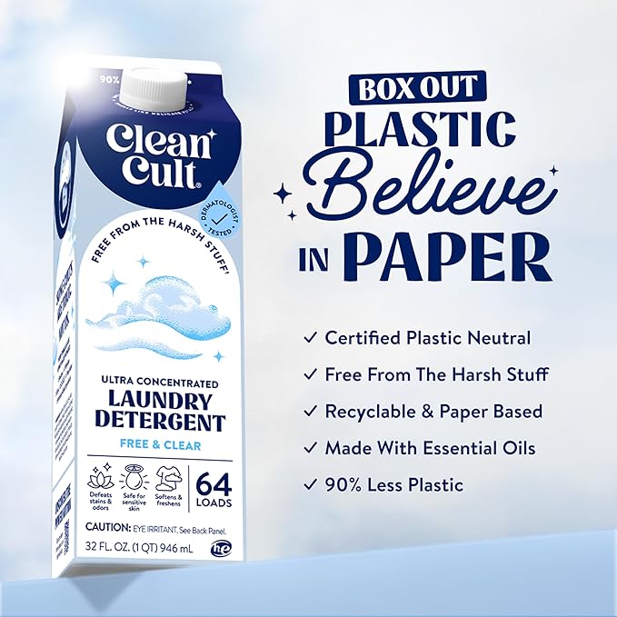 Ultra Concentrated Liquid Laundry Detergent Soap, 192 loads (96 oz), 90% Less Plastic, No Harsh Chemicals, Free & Clear, Defeats Stains & Odors, Eco-friendly, HE/Standard Compatible