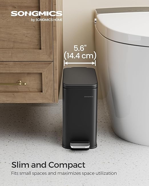 SONGMICS Bathroom Trash Can, 1.3 Gallon (5 L) Small Trash Bin with Lid, Slim for Small Spaces, Stainless Steel Garbage Can, Soft Close, Black ULTB560B05