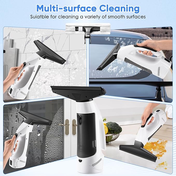 Window Vacuum Squeegee Cordless, Handheld Window Vac with Multi-Purpose Spray Bottle & Microfiber Cloth, Electric Cleaning Tool for Windows, Tiles, Mirror, Countertop, Car Windshield (White-Black)