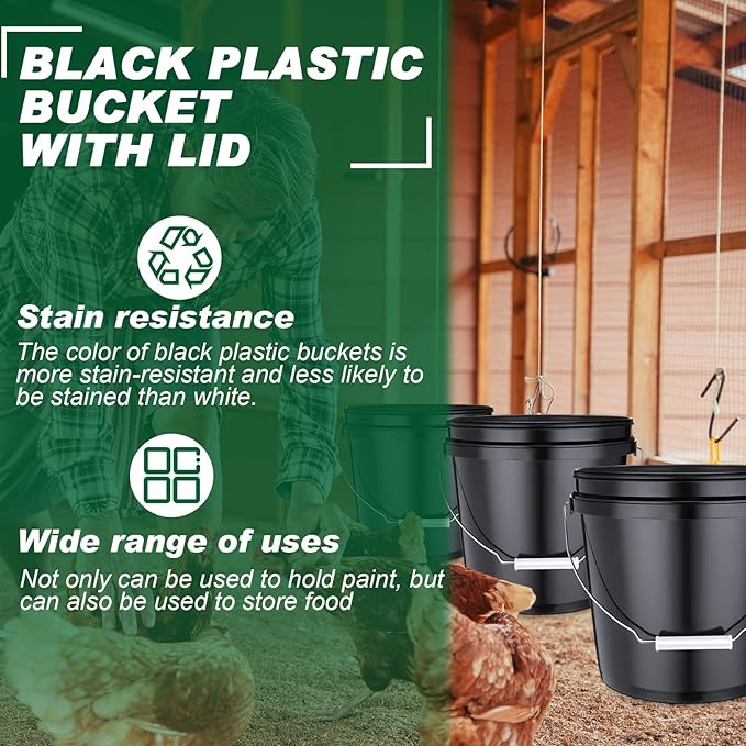 6 Pack 2 Gallon Plastic Bucket with Lid Heavy Duty Pail with Metal Handle Reusable Small Multipurpose Paint Buckets Container for Food Storage(Black)