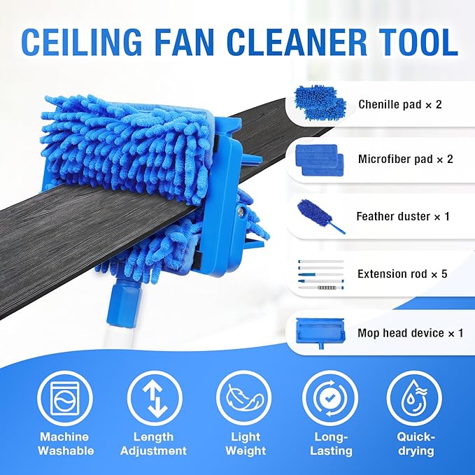 Ceiling Fan Cleaner Duster with 72" Extension Pole & 4 Reusable Pads, High Ceiling Fan Blade Cleaning Tool, Flexible Microfiber Duster for Baseboard,Blinds,Cobwebs,Floor, -Lightweight & Washable