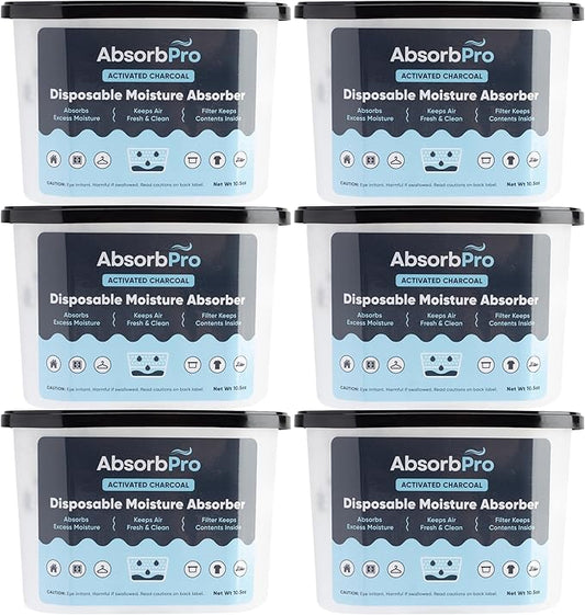 Moisture Absorber Tub with Activated Charcoal - 6-Pack - 10.5 oz Disposable Odor Eliminator Box & Dehumidifier for Garage, Home, Kitchen, Bedroom, Bathroom, Closet, Cars, and Boats