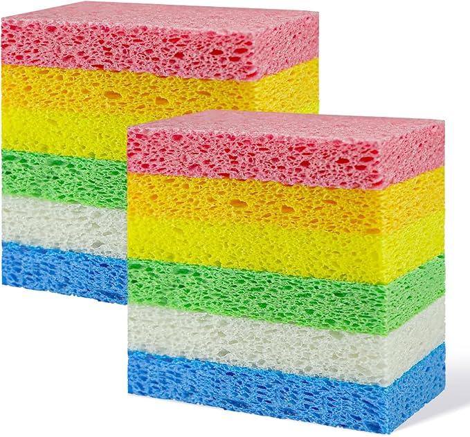 Non-Scratch Kitchen Sponges 12 PCS | Compressed Cellulose Sponges | Natural Biodegradable Sponge for Kitchen Dishes Bathroom Cars | DIY Cut-Outs for Kids