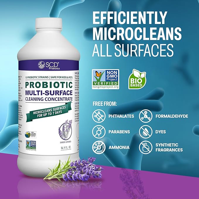 SCD Probiotics Probiotic Multi-Surface Cleaning Concentrate w/Lavender Essential Oil, Microcleans Surfaces for Up to 7 Days, Plant-Based and Multi-Surface 17 Fl Oz (3 Pack)