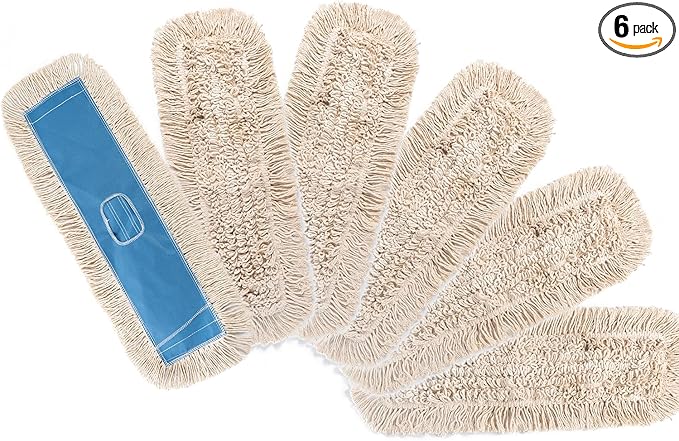 MATTHEW CLEANING 24'' Industrial Strength Cotton Dust Mop Refill Washable Replacement Heads For Residential & Commercial Use Fit Standard Dust Mop Frames, Hardwood,Concrete Floors Blue&White Pack of 6