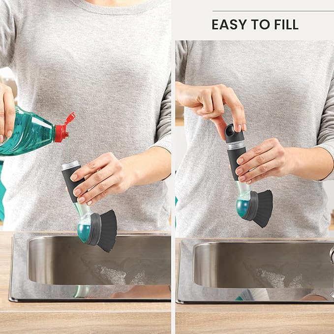 Vigar Rengo Soap Dispensing Dish Brush, Dish Brush with Soap Dispenser for Pot Scrubber, Dishes, Sink Cleaner, and Kitchen Essentials, Black