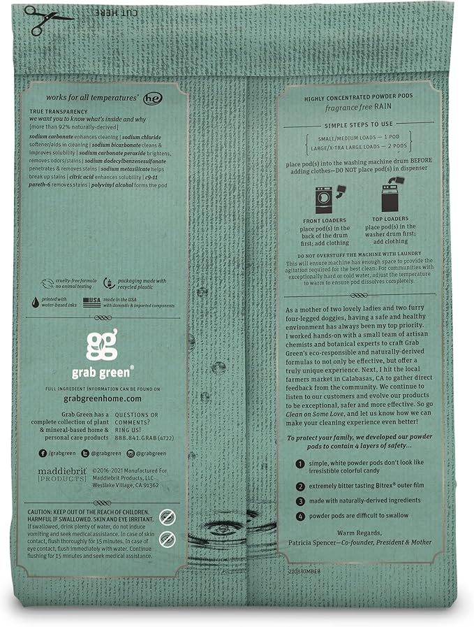 Grab Green Stoneworks Laundry Detergent Pods, Powered by Naturally-Derived Plant & Mineral-Based Powder Pods, Fragrance Free Rain, 50 Count (Pack of 1) Loads-EPA Safer Choice Certified