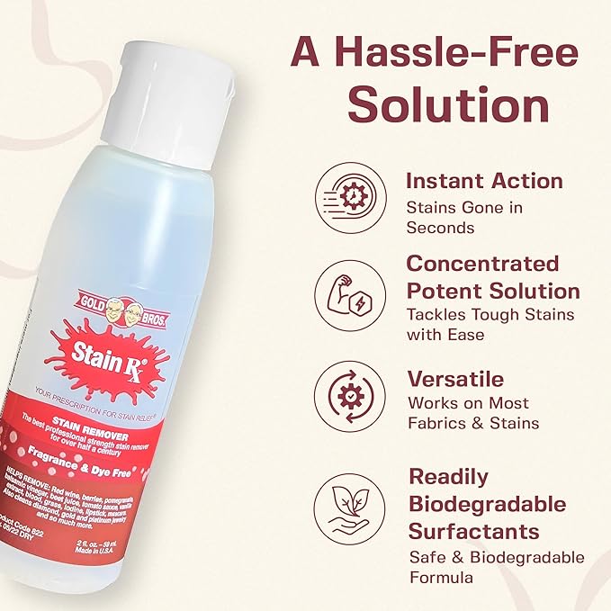 Stain Remover, Effectively Eliminates Stains from Wine, Berries & Blood on Fabrics, Carpets, Upholstery & Jewelry, Dye-Free, Bleach-Free, Made in USA, 2 fl. oz. (6 Pack) with a Flip-Top Cap