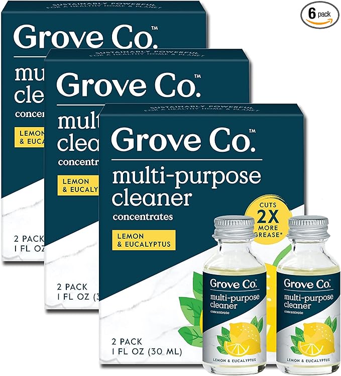 Grove Co. Multi-Purpose Cleaner, Refill Concentrate (6 x 1 Fl Oz) Plant-based Household Cleaning Supplies, Ammonia & Chlorine Free, No Plastic Waste, Lemon & Eucalyptus Scent, Total 3 x 2 Pack Refills