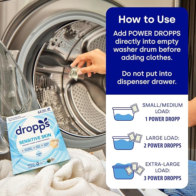 Dropps Sensitive Skin Laundry Detergent Pods, Unscented (36 Count) - Dermatologist Tested Laundry Pods - HE Compatible Laundry Supplies for Clean Clothes, Vegan & Dye-Free