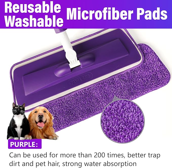 Spray Mops for Floor Cleaning Floor Mop with a Refillable Spray Bottle and 3 Washable Microfiber Pads Home or Commercial Use Dry Wet Flat Mop for Hardwood Laminate Wood (Pure Purple)