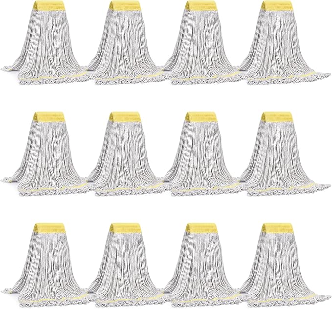 Matthew Cleaning Commercial Mop Head Replacement, 5 Inch Wide Headband, Looped End Cotton Blend String Wet Mops for Floor Cleaning, 18 oz Medium, Case Pack 12 Pcs White