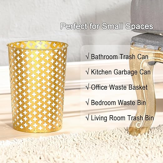 Metal Gold Trash Can, 7.28" D x 10" H Modern Cylindrical Gold Garbage Can, Durable Metal Waste Basket for Office Bathroom & Small Spaces