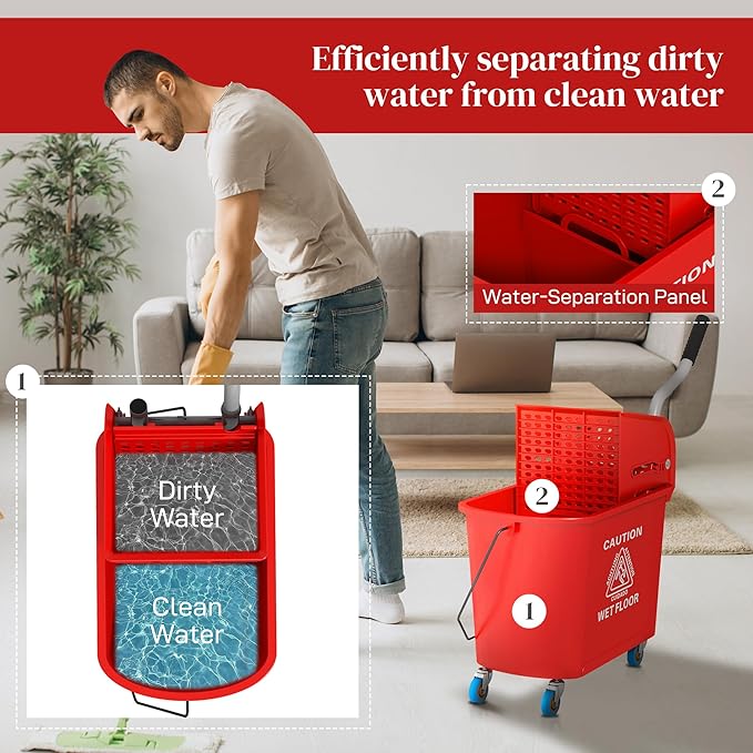 HOMCOM Compact Mop Bucket with Wringer on Wheels for Floor Cleaning, 21 Quart, Separate Dirty and Clean Water, for Home, Apartment, Red