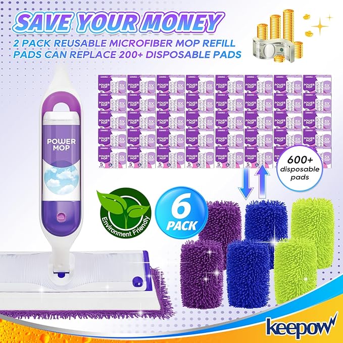 KEEPOW Reusable Power Mop Refill Pads Compatible with Swiffer PowerMop, Microfiber Power Mop Refills, Power Mop Pads for Hardwood Floor Cleaning (6 Pack)