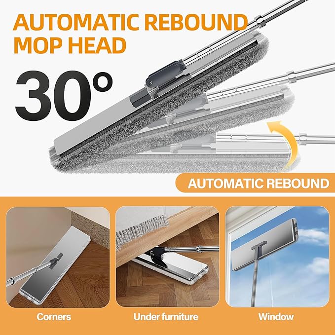 Premium Stainless Steel Microfiber Flat Mop for Floor Cleaning - 360° Pivot Head, Lightweight, Washable Pads - Includes 4 Reusable Absorbent Mop Pads (Silver)