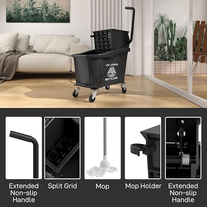 HOMCOM Mop Bucket with Wringer on Wheels for Floor Cleaning, 38 Quart Down Press Wringer with Handle and Mop, Black