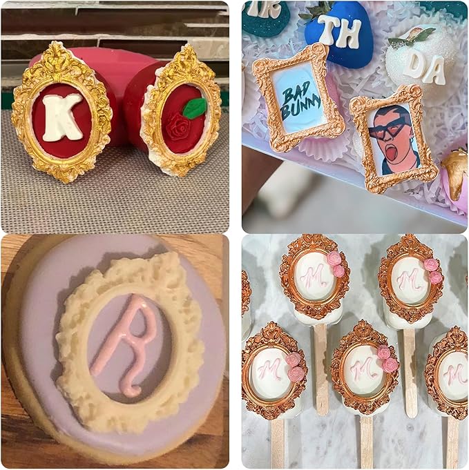 Vintage Frame Silicone Molds Baroque Photo Frame Chocolate Fondant Molds Decorative Oval and Rectangle Shapes, 4-Piece Set, Purple, for Cake Decorating Cupcake Topper Gum Paste Candy Polymer Clay