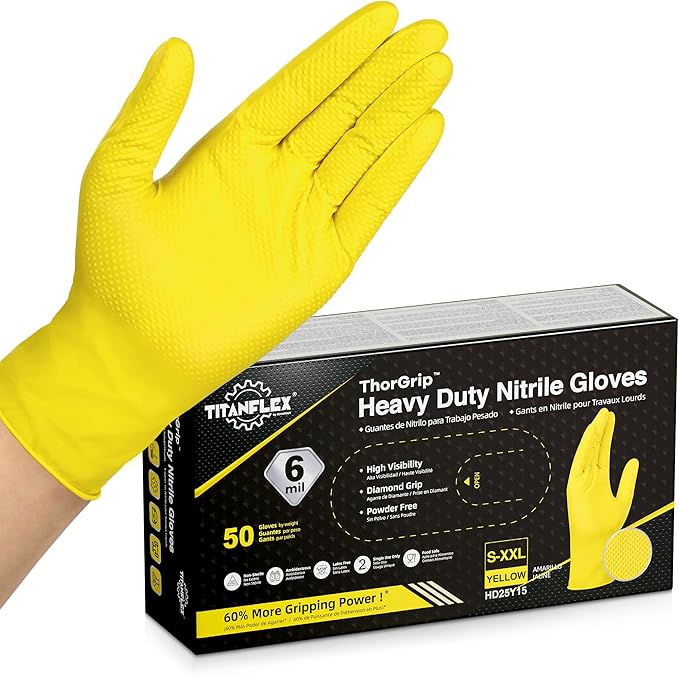 TitanFlex Heavy Duty Nitrile Gloves, 6 Mil Yellow Raised Diamond Texture, Mechanic Disposable Gloves, Latex Free