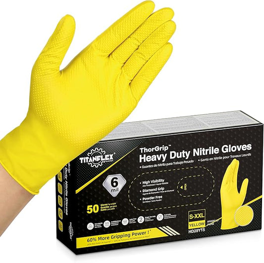 TitanFlex Heavy Duty Nitrile Gloves, 6 Mil Yellow Raised Diamond Texture, Mechanic Disposable Gloves, Latex Free