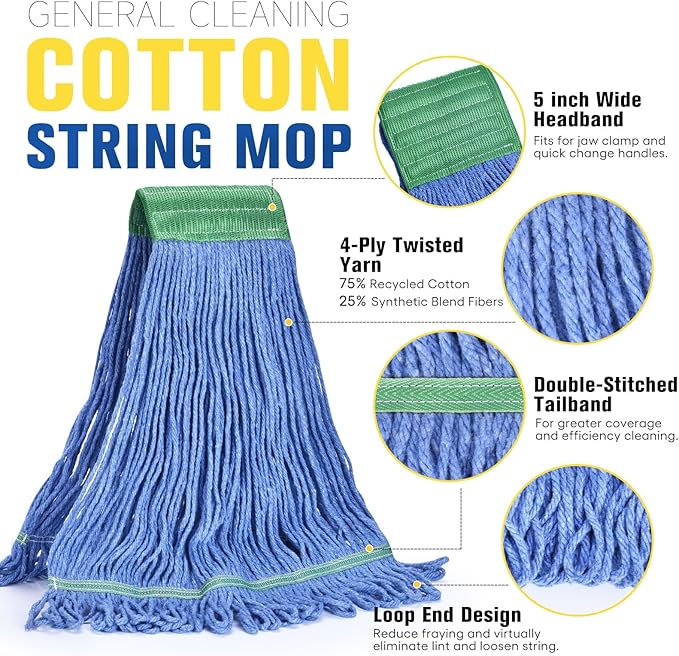 Matthew Cleaning Commercial Mop Head Replacement, 5 Inch Wide Headband, Looped End Cotton Blend String Wet Mops for Floor Cleaning, 18 oz Medium, Case Pack 12 Pcs Blue