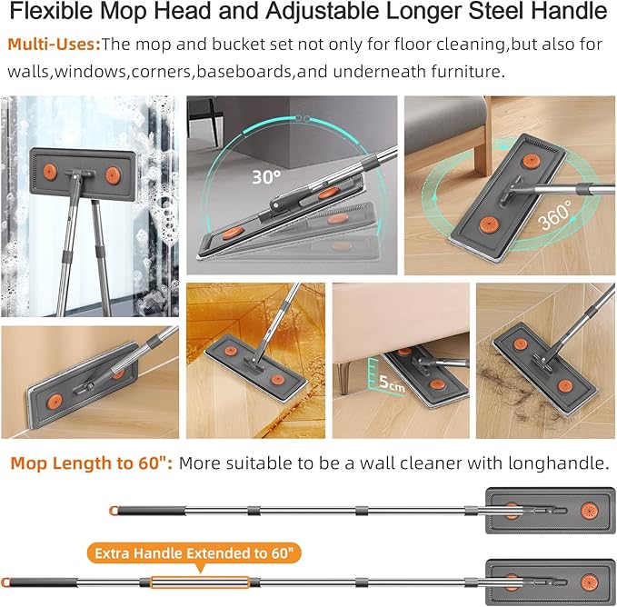 MUEE Mop and Bucket with Wringer Set for Home, Flat Mop and Bucket Set for Floor Cleaning and Window Wall Cleaner, Wet and Dry Mop with Long Handle and 3 Microfiber Pads