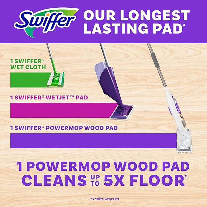 Swiffer Power Mop Wood, Hardwood Floor Cleaner for Mopping Home, Bathroom, Kitchen, All Purpose Multi-Surface Cleaning Set includes PowerMop Wood, 2 Pads, 1 QuickDry Lemon Solution, & 2 Batteries
