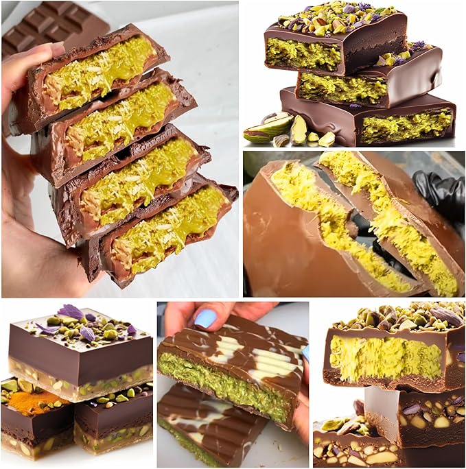Juome 12 Cavities Chocolate Bar Mold Deep - Thick Deep Chocolate Bar Mold for Filling, Silicone Chocolate Bar Mold for Stuffed Bar Knafeh Pistachio Chocolate Candy Bar with 100Pcs Bags and 1Pc Scraper