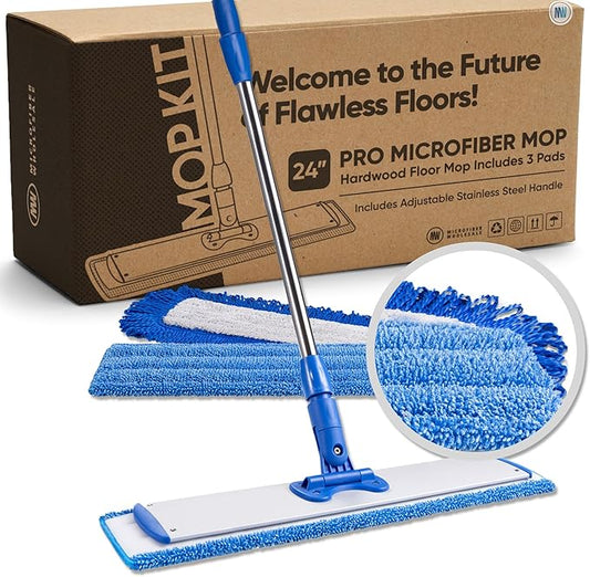 Microfiber Wholesale 24" Microfiber Mop System - Clean & Dust Hardwood, Laminate, & Tile Floors, Reusable Mop Heads, Adjustable Handle, Washable Micro Fiber Wet & Dry Pads, Industrial & Commercial