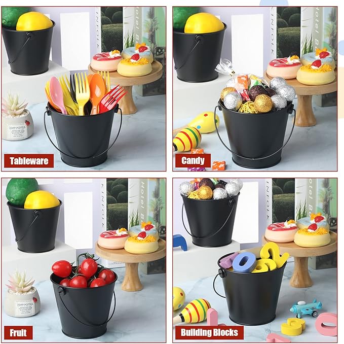 24 Pcs Mini Metal Buckets Black Small Bucket Galvanized Pail Iron Flower Pot Pencil Holder with Handles for Halloween, Christmas, Party Favors, Black Wedding Decor, Craft, Candy Bars, Vase, Classroom