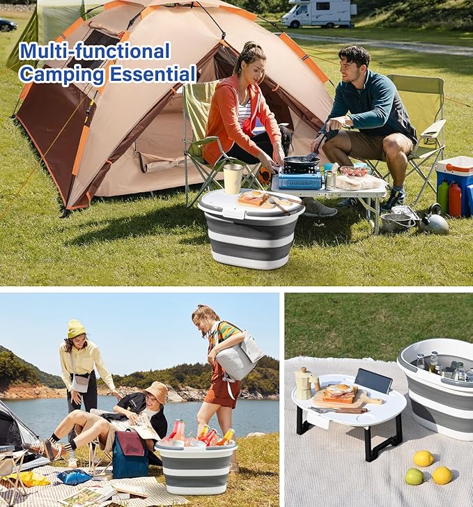 Lesipee Upgraded 16L Collapsible Mop Bucket with Multi-Functional Lid, 4-in-1 Foldable Silicone Tub with Table Surface, Floor Stand, Space Saving 4.2 Gallon Storage Solution for Home & Outdoor