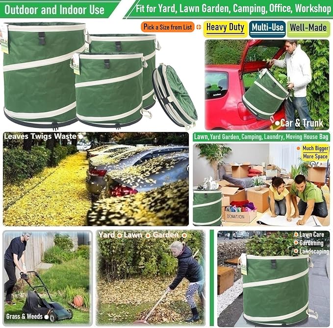 24 Gallon and 46 Gallon Collapsible Trash Can Solid Bottom for Yard Waste Bag,Garden Debris Bag,Pop-Up Trash Can,Recycling Bin,RV Camping Waste Bin,Laundry Hamper,Lawn Grass,Yard Weeds Bags,Leaf Bags