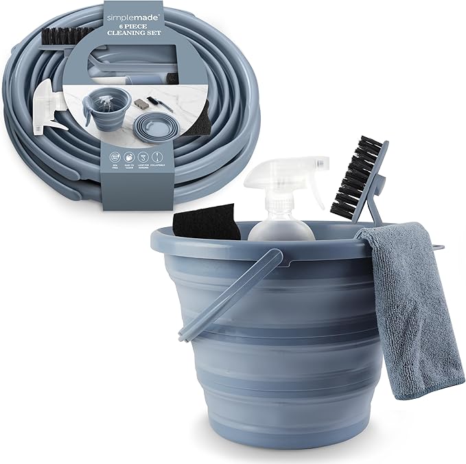 SIMPLEMADE Collapsible Bucket Cleaning Set - Includes 2 Foldable Buckets, Spray Bottle, Rag, Scrubbing Brush and Sponge - Holds Up to 10 liters, Easy Storage, All-Purpose Cleaning Solution