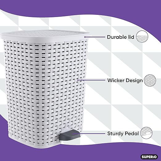 Superio Small Outdoor Trash Can with Lid for Dog Poop 6.8 Gallon/26 L Step On Plastic Garbage Can with Foot Pedal for Bathroom, Bedroom, Office, Patio, Wicker Smoke