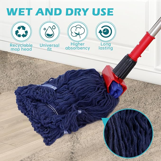 Heavy Duty Commercial Mop with 77inch Long Handle, Looped-End String Wet Mop with 12 Mop Heads for Home, Garage, Office Floor Cleaning (Blue-Orange)