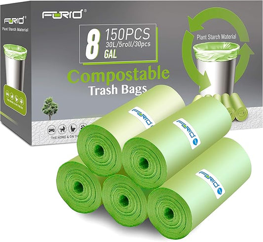 Compostable Trash Bags - FORID 8 Gallon Garbage Bags 150 Count Trash Can Liners 30 Liter Unscented Medium Wastebasket Bags for Kitchen Bathroom Home Office Garbage Can (5Rolls/Green) - Durable & Thick