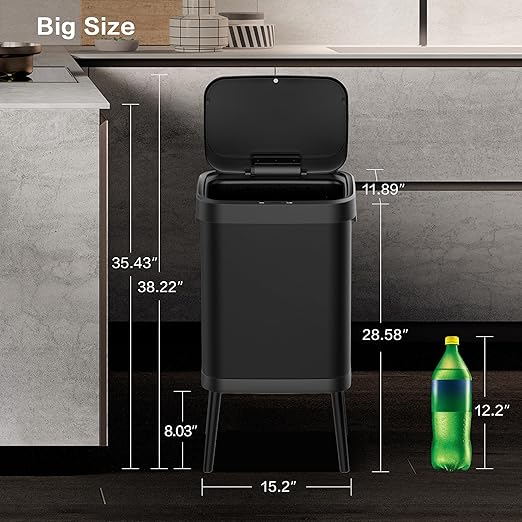 10.5 Gal Stainless Steel Touchless Sensor Trash Can with, Wide Rectangular Design, Brushed Finish – Automatic Lid, Raised Legs (Black)