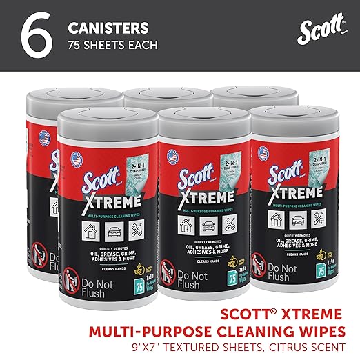Scott Shop Original Xtreme Multi-Purpose Cleaning Wipes (54591), Heavy Duty Textured Extreme Clean Wiper with Citrus Scent, 9"x7" Wipe (6 Canisters of 75 Sheets, 450 Sheet Total)