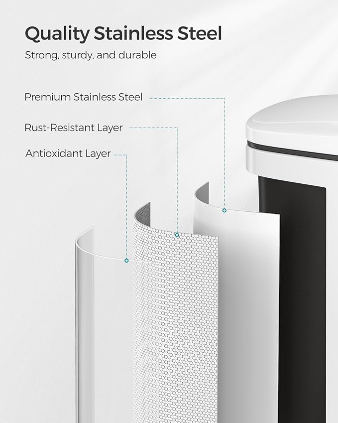 SONGMICS Trash Can, Garbage Can with Lid, 5.2-Gallon (20L) Step Trash Bin for Kitchen, Stainless Steel, Soft Close and Stays Open, Inner Bucket, Includes 15 Trash Bags, White ULTB543W01