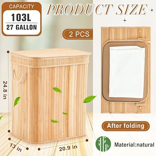 2 Pack Bamboo Slim Trash Can with Lid, 21 Gallon Large Foldable Slim Rectangular Garbage Can Bamboo Waste Basket for Bathroom Bedroom Office Home Salon Spa (24.8×20.9×13 Inches,Wooden Color)