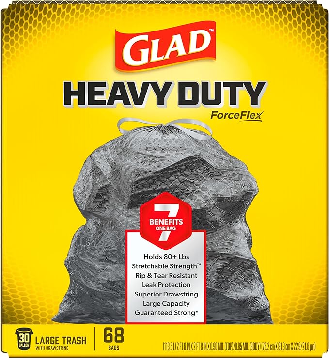 Glad ForceFlex Trash Bags 30 Gallon | Black | LeakGuard Protection | Stretchable Strength | 68 Count, Pack of 4