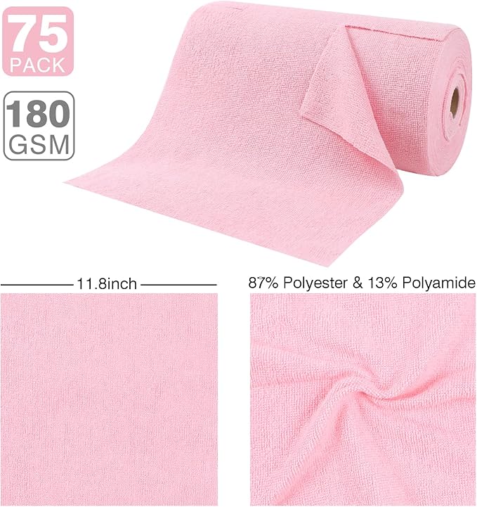 Microfiber Cloth Roll 75 Pack, 180GSM, Tear Away Microfiber Towels 12x12 Inch, Reusable Cleaning Rags for Car Detailing, Kitchen, Dishes, House Cleaning, Windows, Glass, Garage, Shop (Pink)